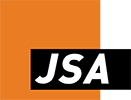 Logo for JSA Design Inc. An orange square is behind a small black rectangle containing the white italic uppercase letters "JSA"