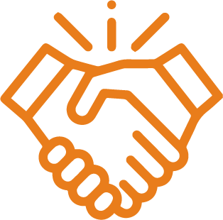 Orange outline icon of two hands shaking, representing collaboration