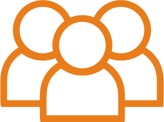 Orange outline icon of three people figures, representing community