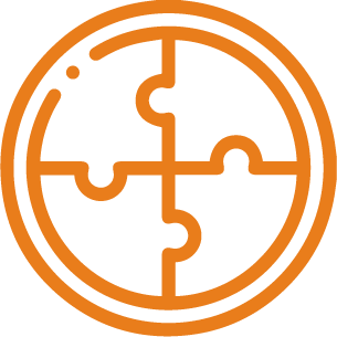 Orange outline icon of a circular puzzle with four quadrant pieces, depicting inclusion