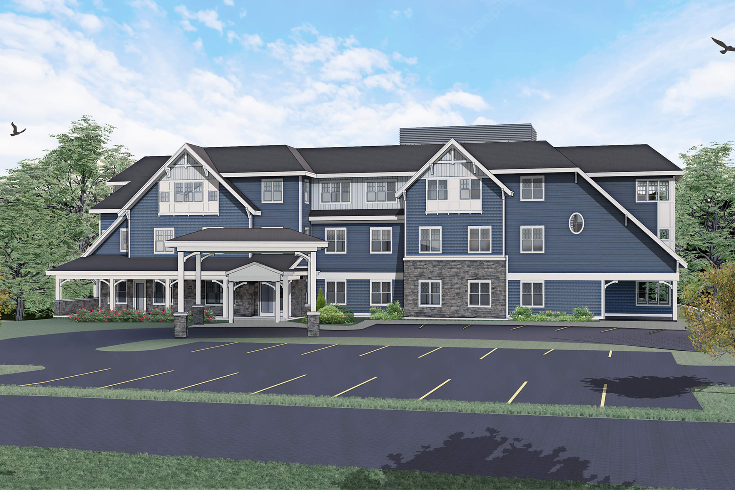 Artist's rendering sketch of a senior living facility building. The multi-level building features blue siding with white trim, and a parking lot area is seen in front.