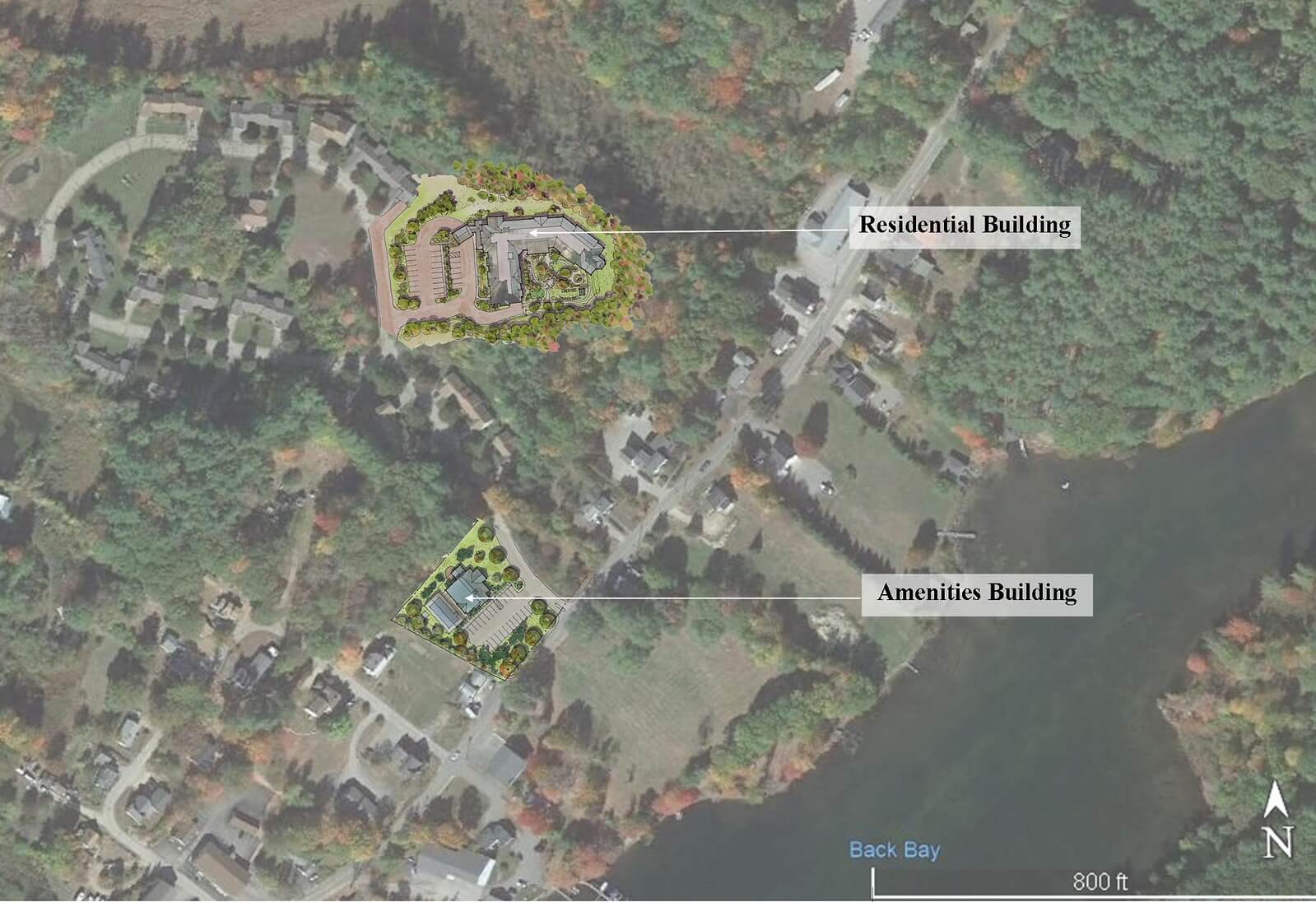 Aerial map of a senior living facility complex. The map has markers highlighting certain areas.