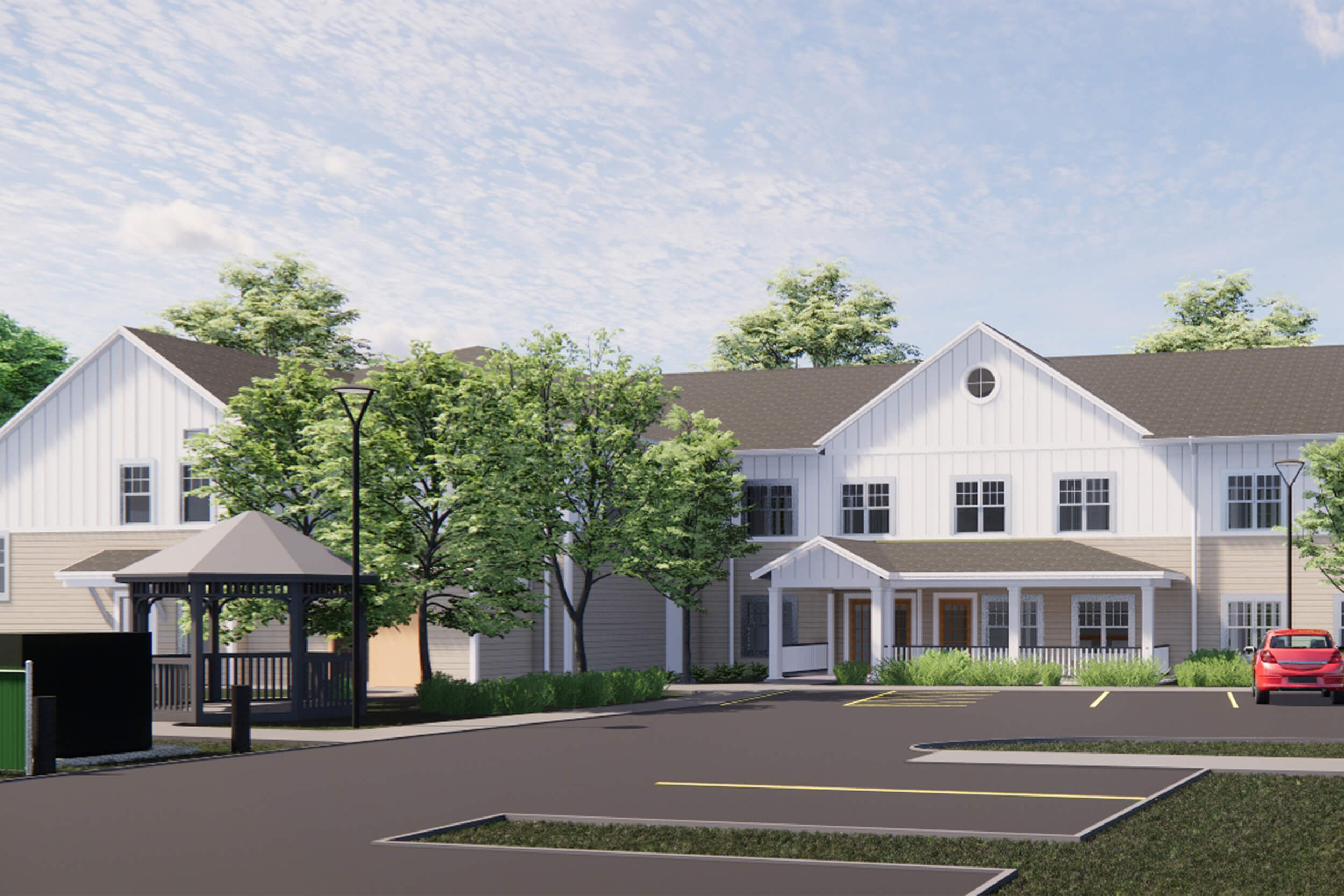 Rendering of the exterior of a senior living facility, Avesta Meadowview - a white building surrounded by parking lot and trees.
