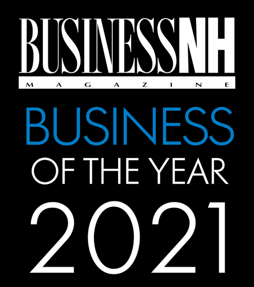 A white Business NH magazine logo appears over a black background. underneath, blue and white type reads "Business of the year 2021"