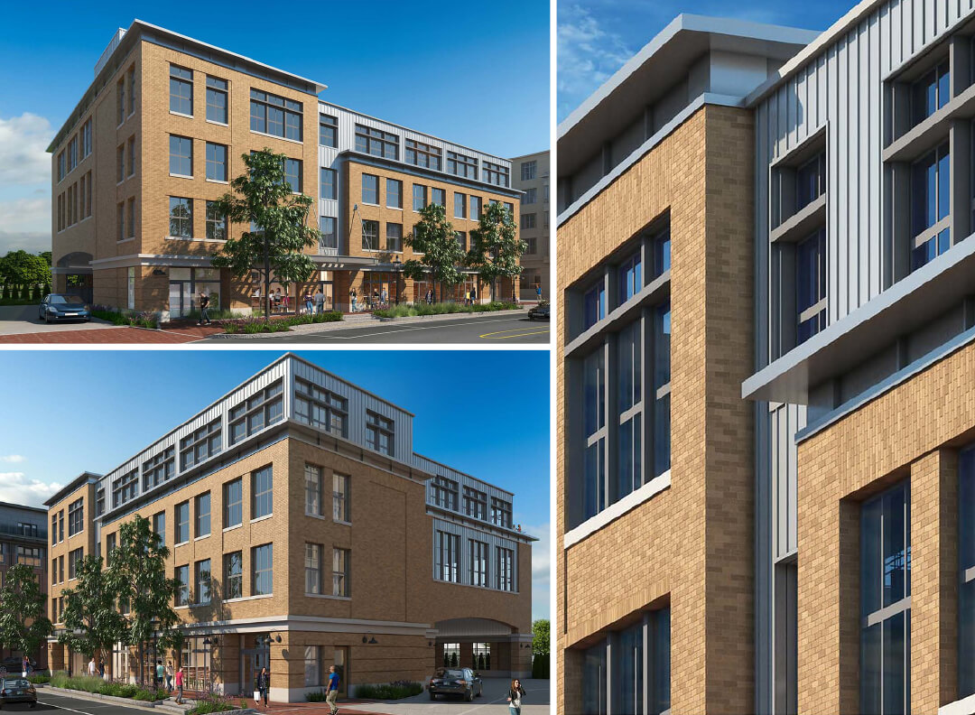 Collage of three daytime exterior photos of a multi story building with a light brown brick facade.