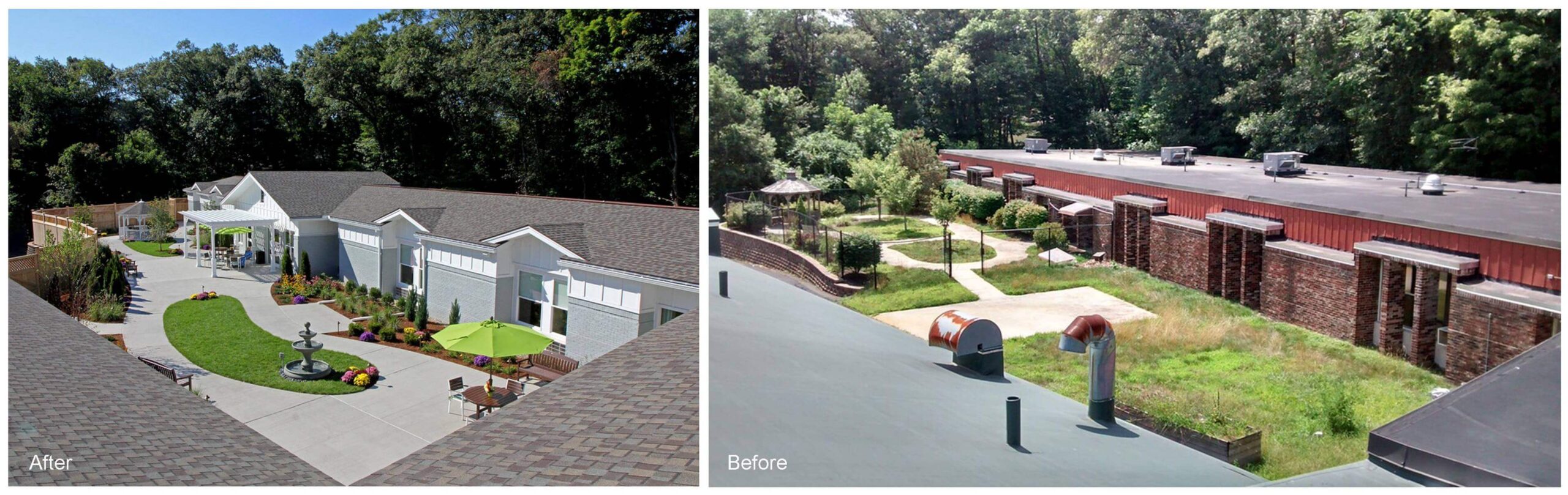 Collage photo showing two images side by side. The images show exterior views of a building with grassy area and plantings in front - it is a before and after comparison showing the remodeling and revitalization of the building and greenspace areas.