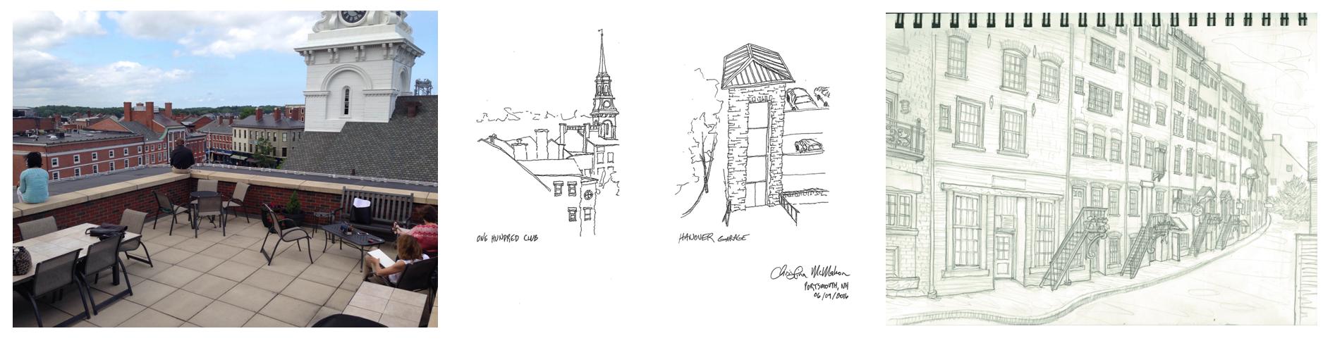 A collage of images showing an exterior photo of a building and two hand-drawn architectural line sketches.