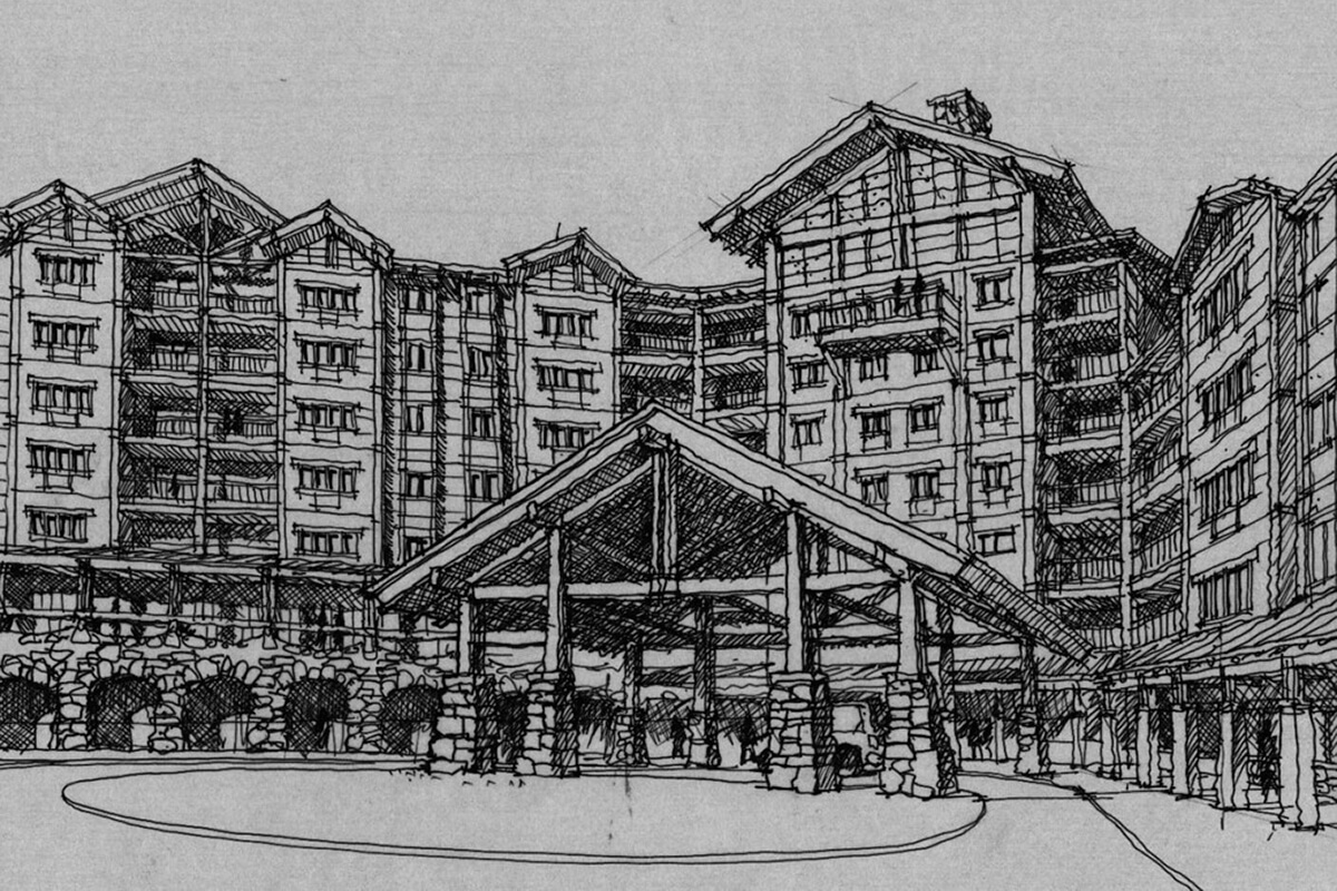 Black and white 2D architectural sketch of a multi-unit ski resort. A wood structure entryway creates a rustic, enviting environment.