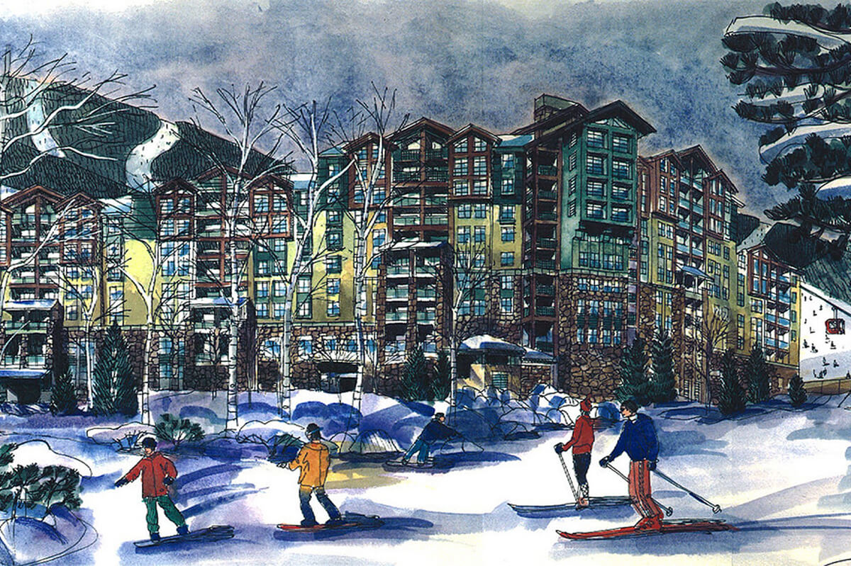 2D artist's architectural colored sketch of the exterior of a ski resort building. In the foreground, skiiers traverse the snow in front of the multi-story building in the background surrounded by snow and trees.