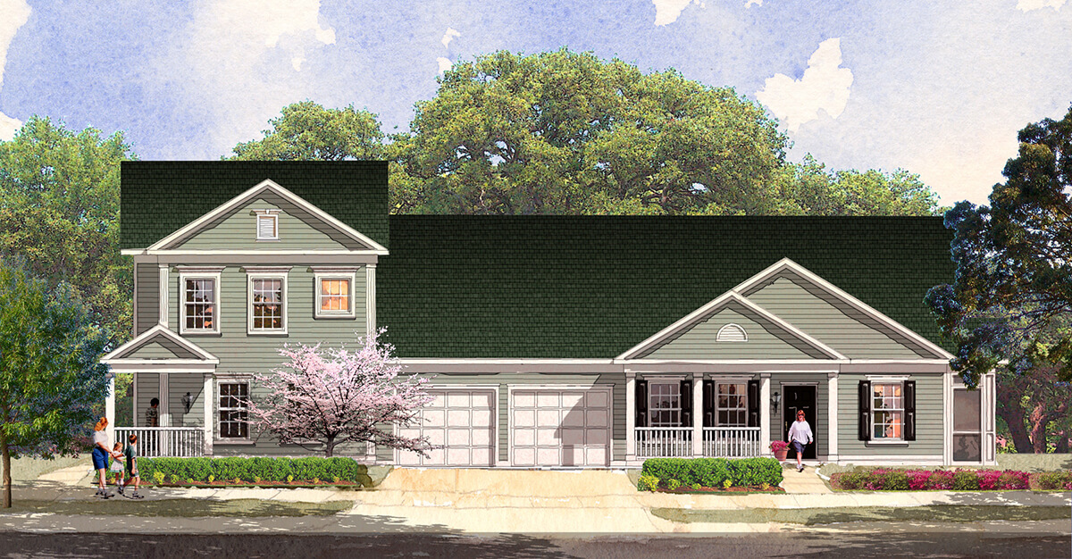 A rendering concept artwork of the front facade of a housing unit at Camp Lejeune. The house is low and long, featuring two stories, entryways on the left and right sides, and a two bay garage in the middle. Colorful low bushes are in front of the house, which features a light green siding facade.