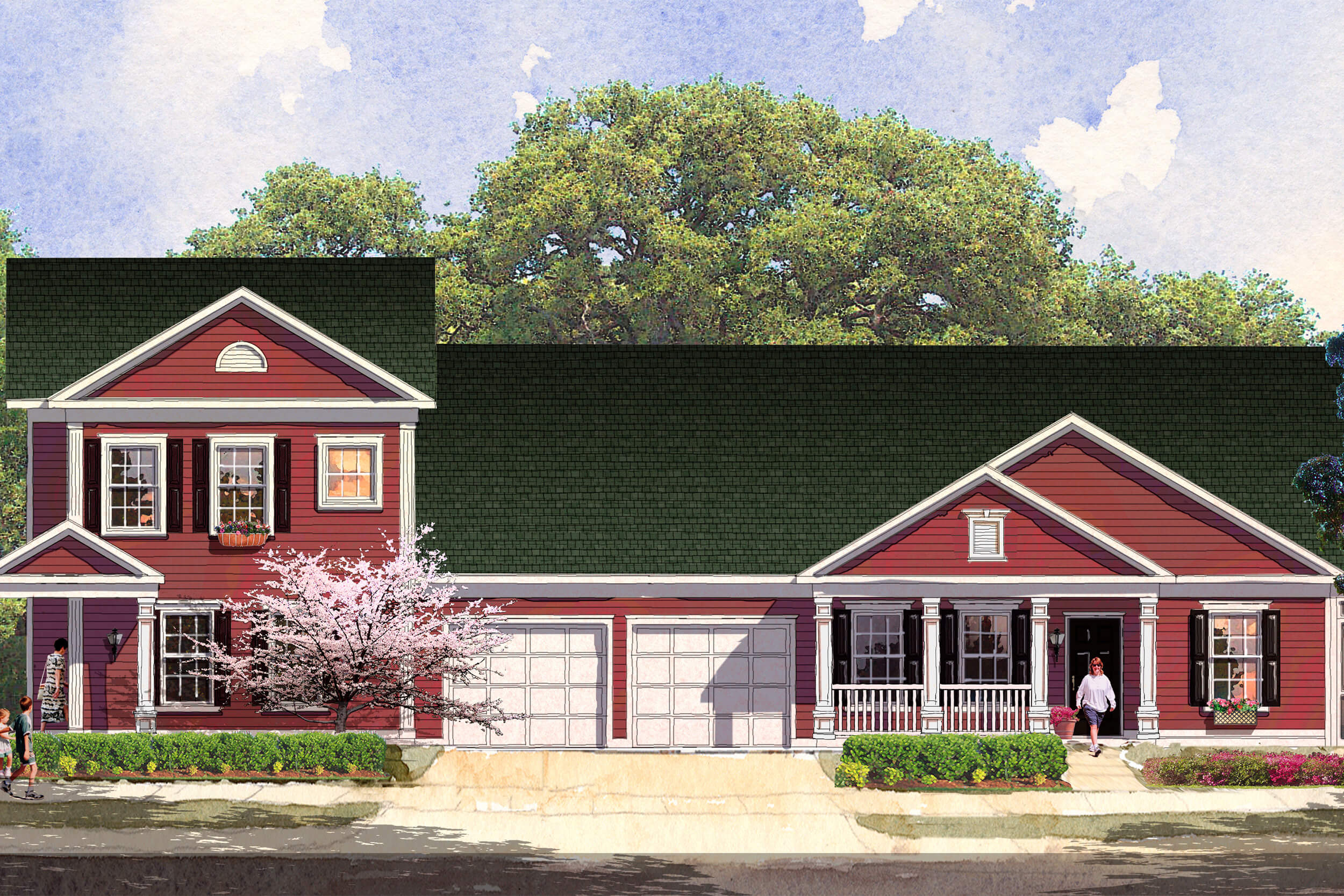 A 3D artist's rendering of the facade of a housing unit at Camp Lejeuene. The rendering is shown facing directly at the front of the building, which features red siding, white trim, black window shutters, and a two bay garage in the center of the housing unit.