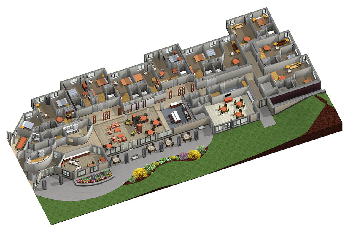 Isometric 3D floorplan of an enhanced independent living household at a senior living facility.